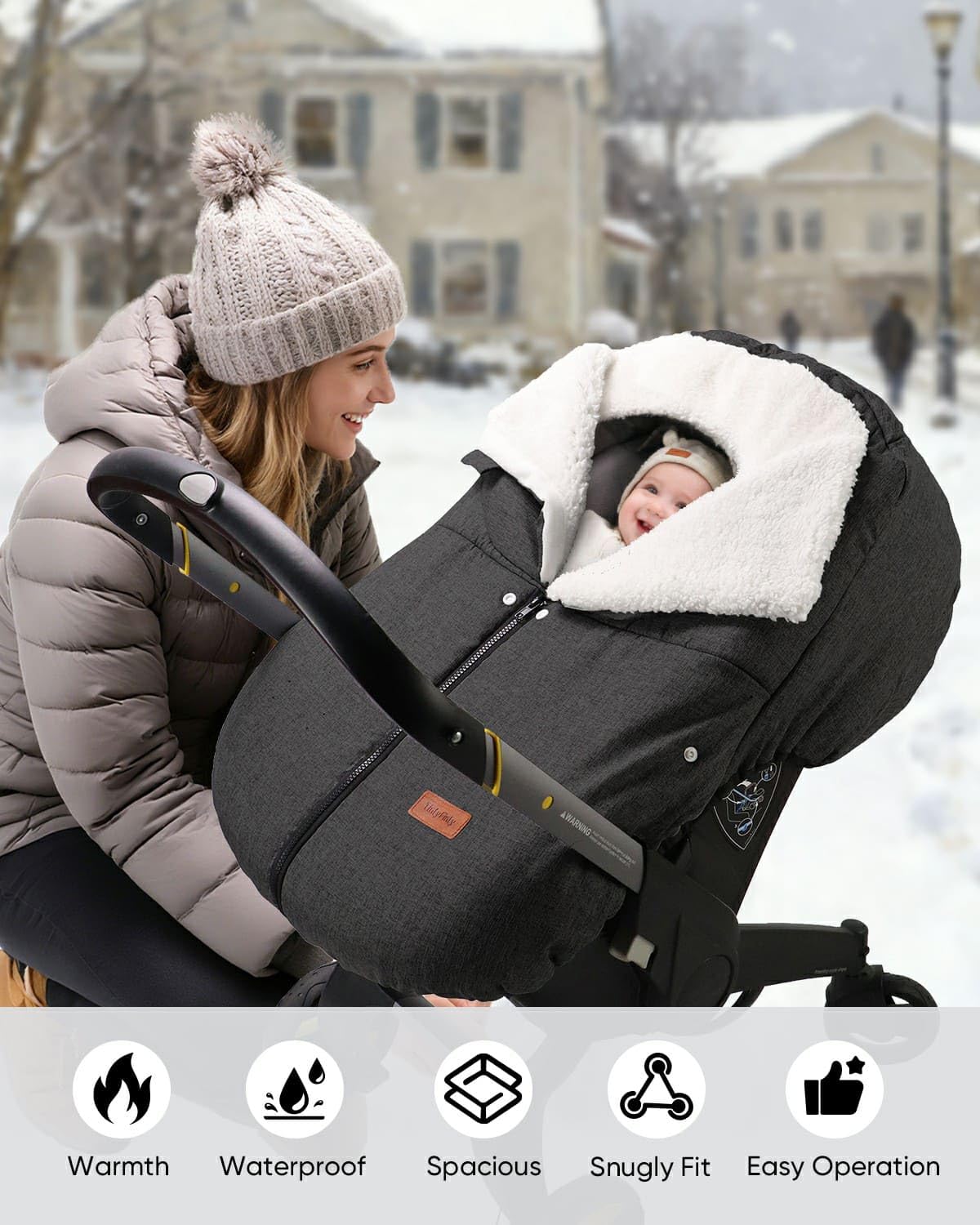 TinlyFinly Winter Car Seat Cover for Baby Car Seat and Stroller, Cold Weather Infant Carseat Canopy, Waterproof and Easy Access, Protect Baby Boys Girls from Cold Wind (Black)
