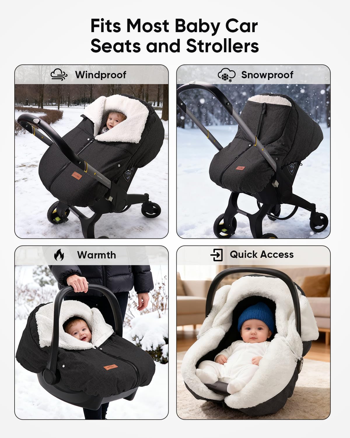 TinlyFinly Winter Car Seat Cover for Baby Car Seat and Stroller, Cold Weather Infant Carseat Canopy, Waterproof and Easy Access, Protect Baby Boys Girls from Cold Wind (Black)